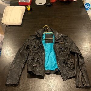 Superdry Black Leather Jacket with Blue Lining size Medium